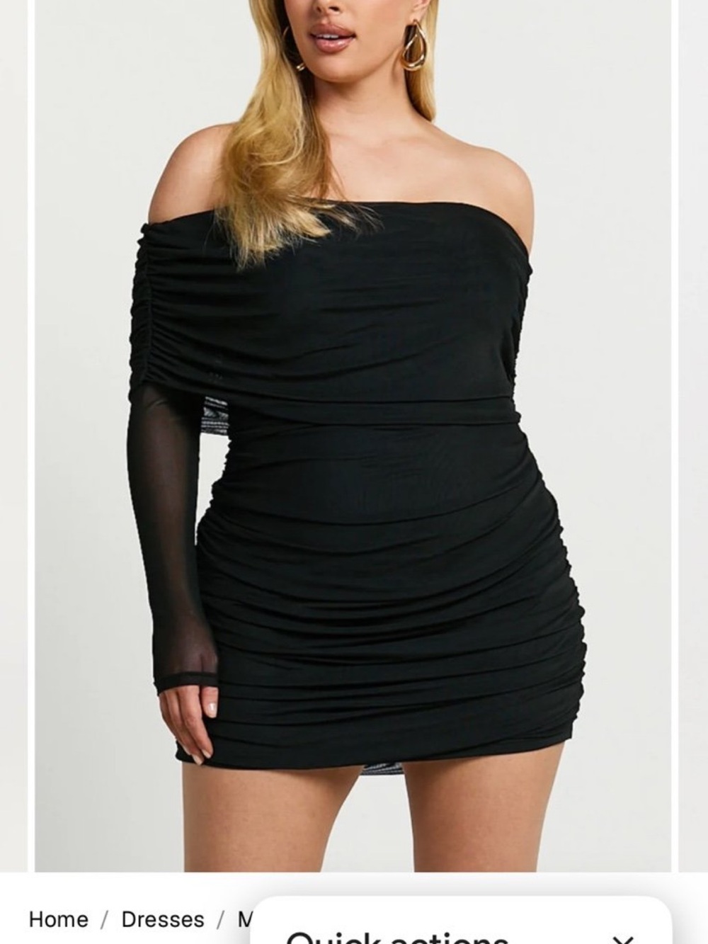 NWT Showpo Black Off-Shoulder Ruched Mini Dress Size 16